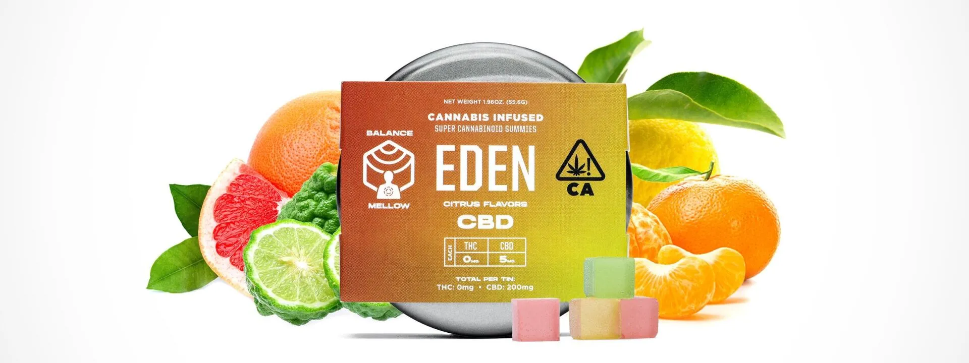 EDEN cannabis-infused CBD gummies package displayed with assorted citrus fruits and colorful gummies.